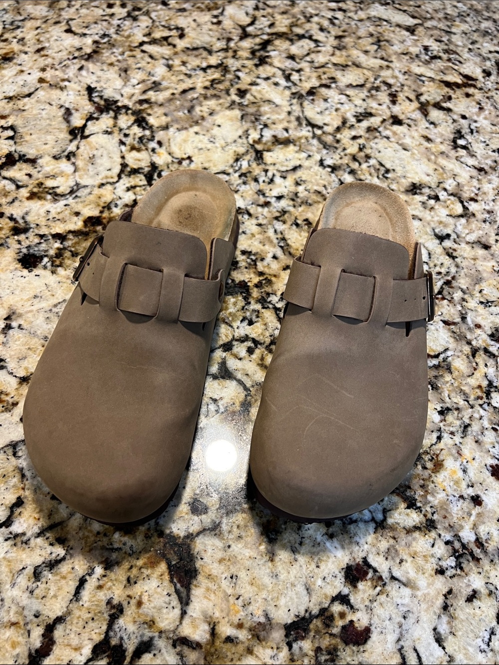 Taupe Suede Slip-On Clog Mules with Buckle Strap